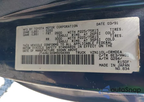 1991 Toyota Pickup 1/2 Ton Ex Lng Whlbse Dlx from USA, damaged, VIN JT4VN13D9M5058399